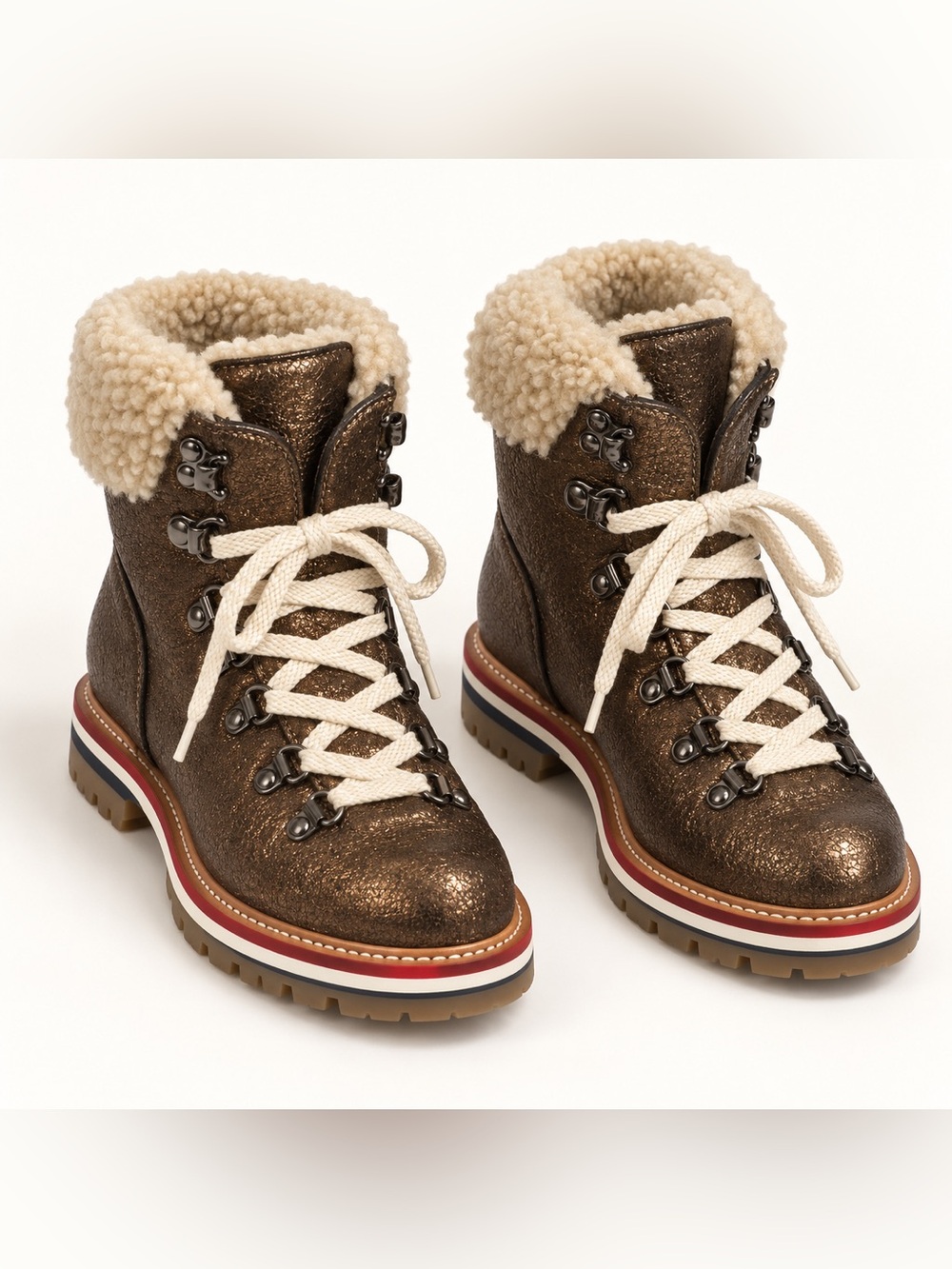 Moncler Blanche Scarpa Crackled Bronze Leather Shearling Boots NIB